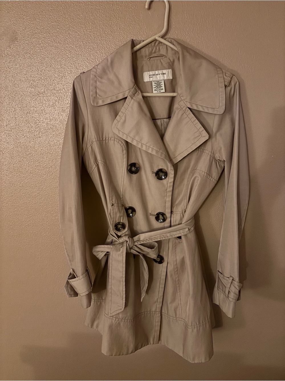Jones New York Light Taupe Double-Breasted Trench Coat with Waist Tie
